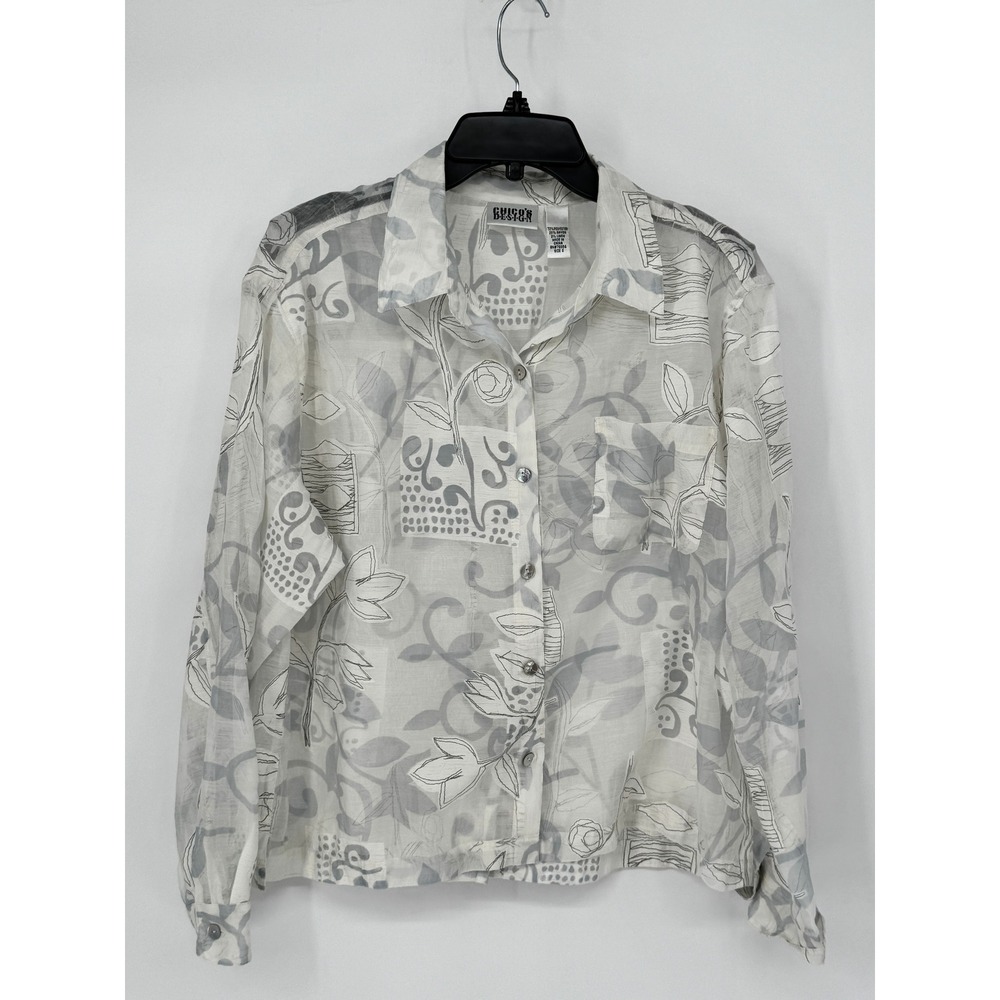 Chico's Design Button Down Shirt Womens Size 2 (Large) White Grey Burnout Floral